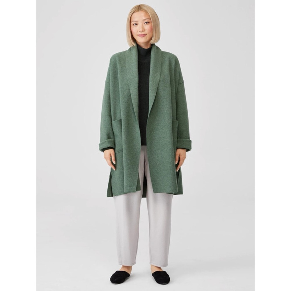 Eileen Fisher boiled wool coat jacket cardigan shawl  collar moss green duster